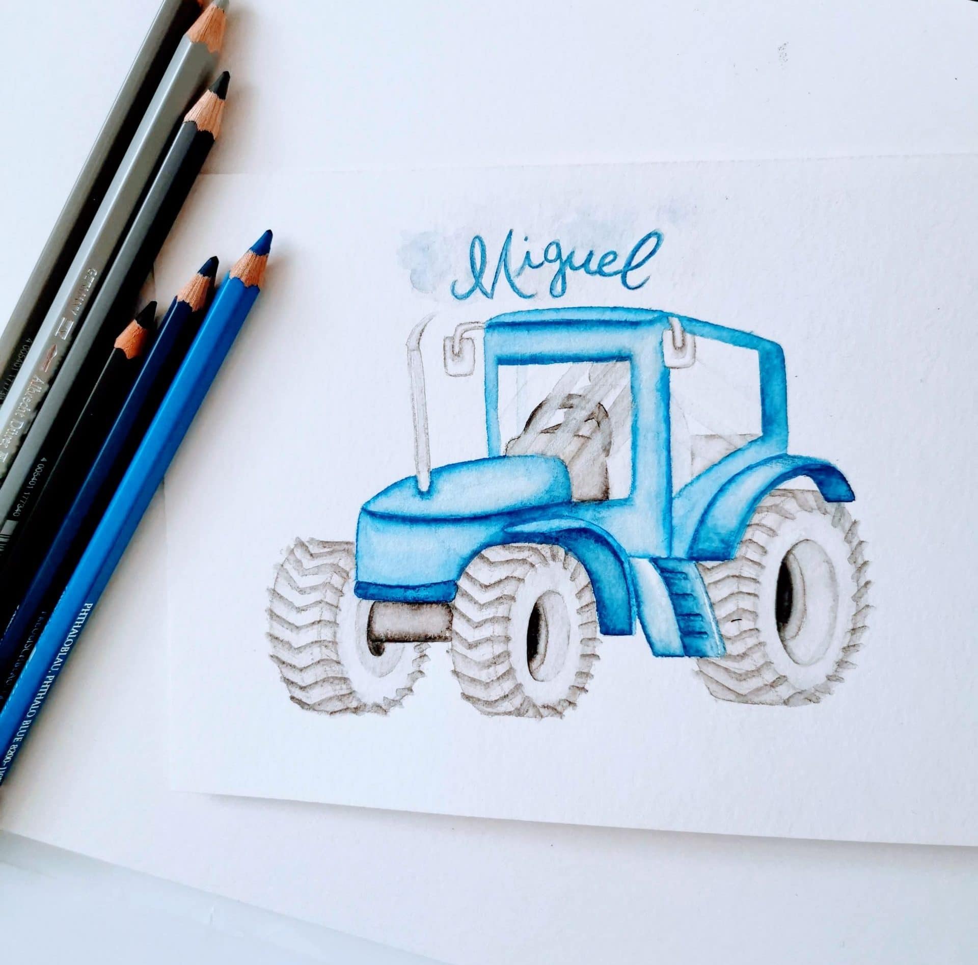 Tracteur bleu de Miguel dessin aquarelle