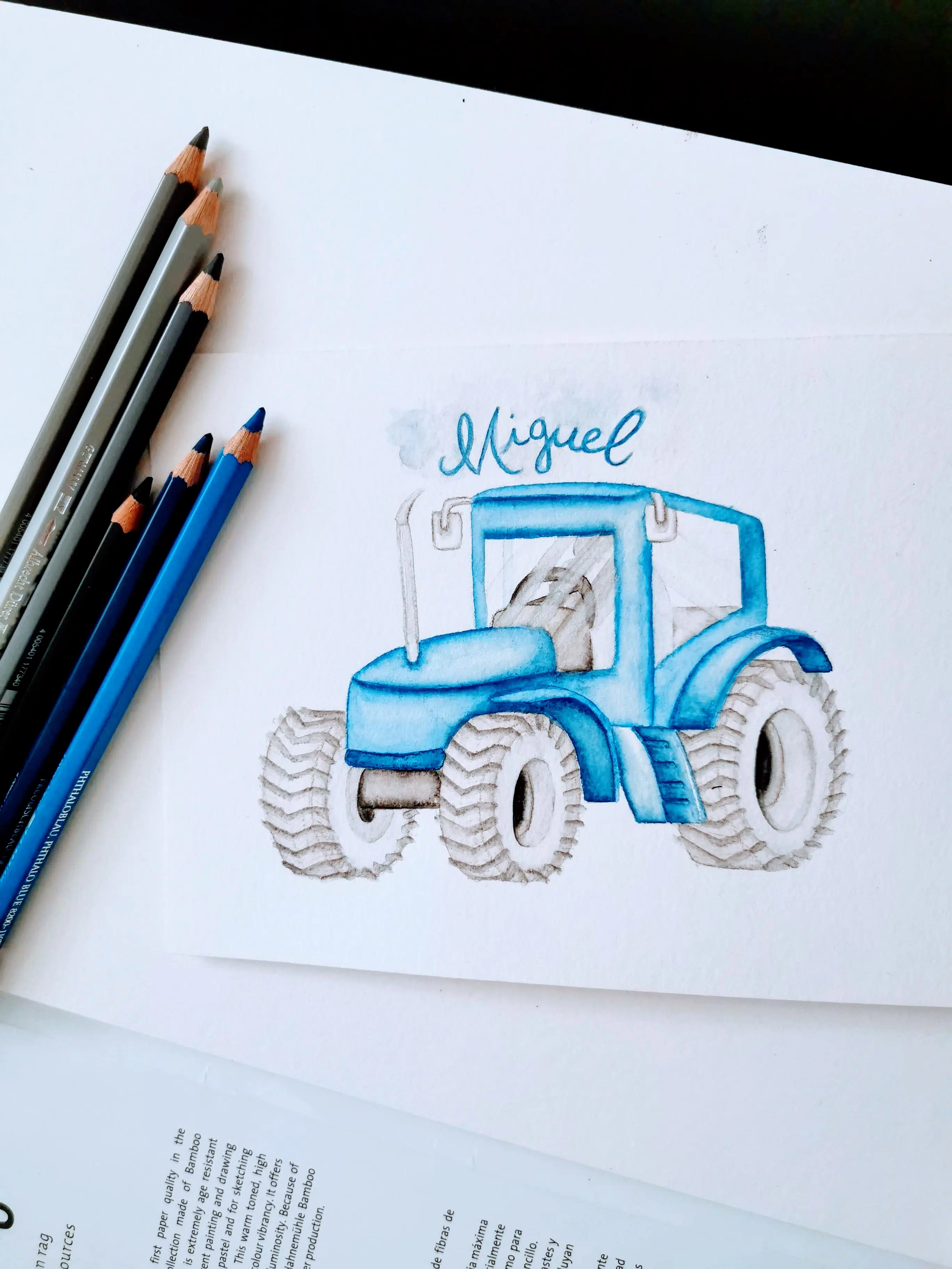 Tracteur bleu de Miguel dessin aquarelle