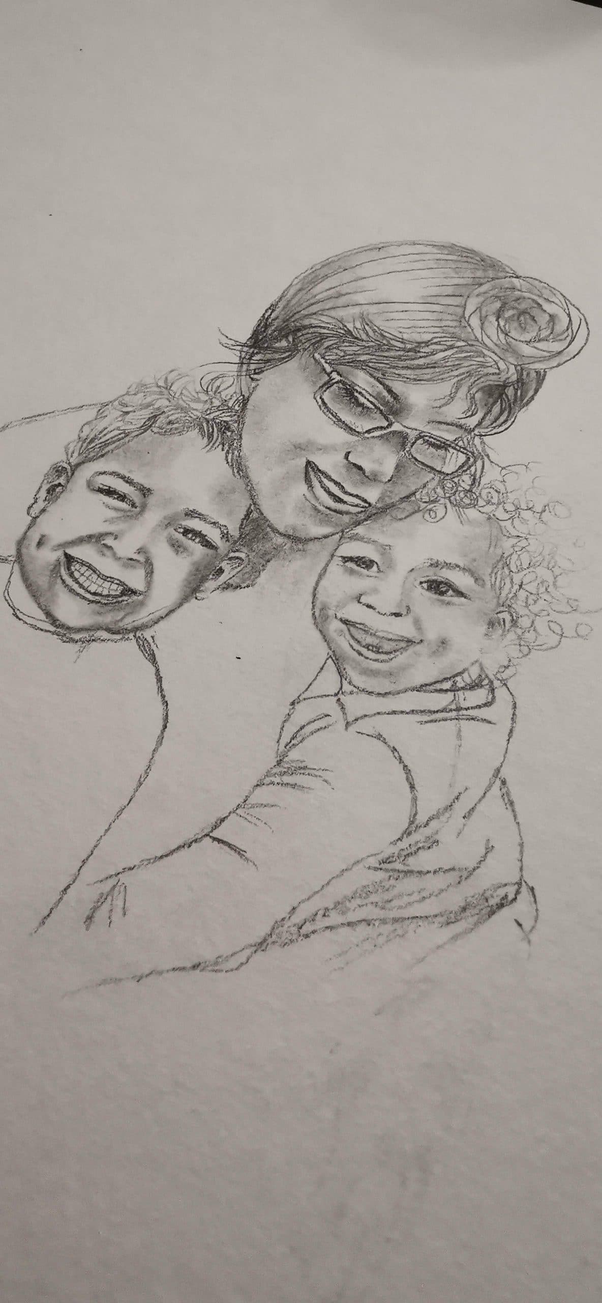 Croquis portrait trio grand-mère et petits enfants