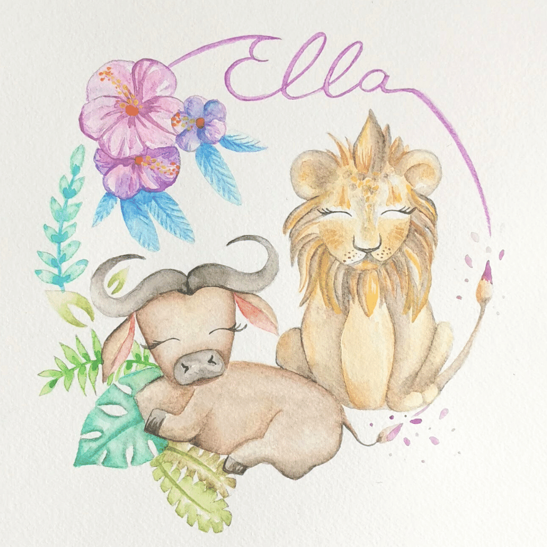 Aquarelle lion et buffle fleurs