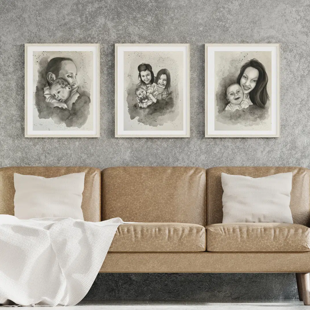 Triptyque de portrait de famille aquarelle noir et blanc