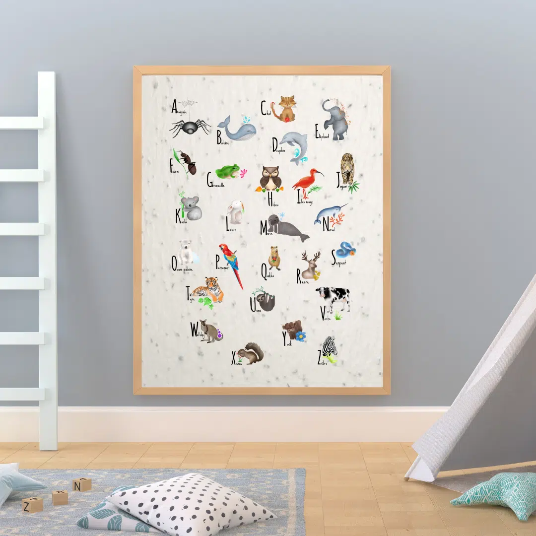 tableau alphabet animaux sur papier ensemencé