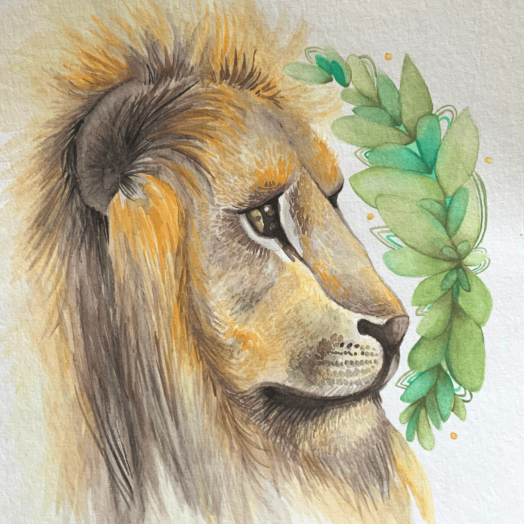 Lion de profil en aquarelle